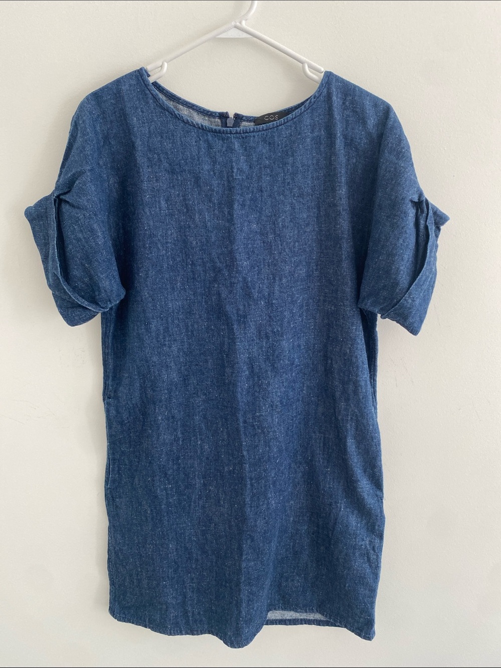COS True Hemp & Cotton Roll Edge S/S w Pockets Shift Denim Dress Blue Size 4